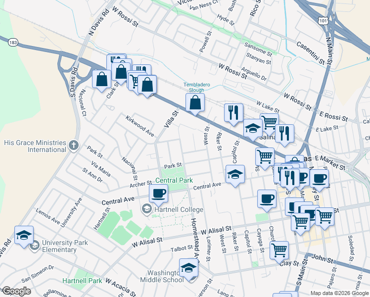 map of restaurants, bars, coffee shops, grocery stores, and more near 35 Homestead Avenue in Salinas