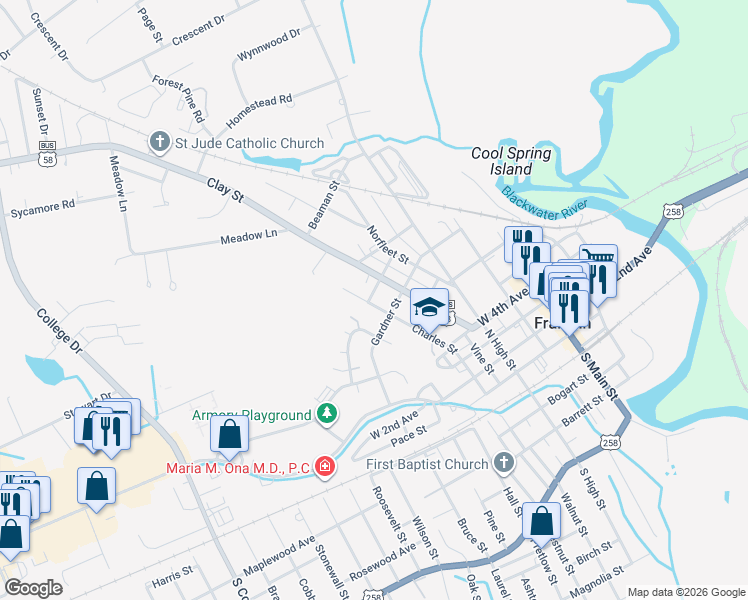 map of restaurants, bars, coffee shops, grocery stores, and more near 703 Charles Street in Franklin