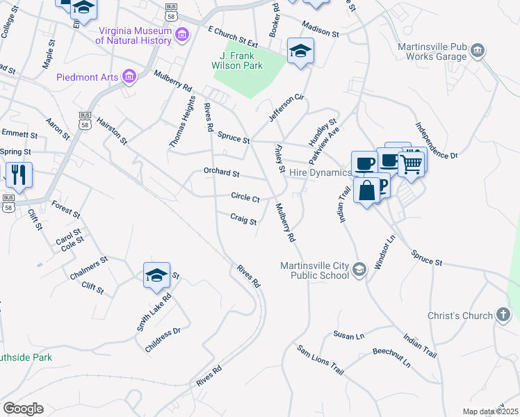 map of restaurants, bars, coffee shops, grocery stores, and more near 731 Craig Street in Martinsville