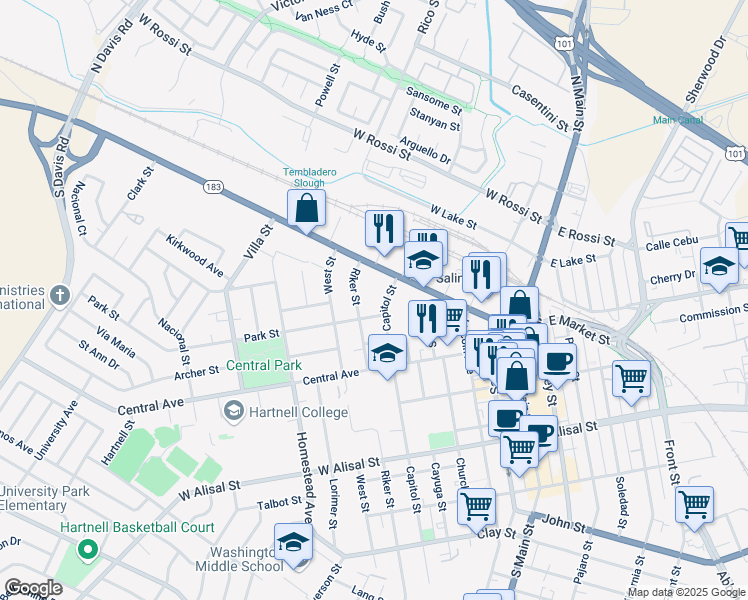 map of restaurants, bars, coffee shops, grocery stores, and more near 28 Capitol Street in Salinas