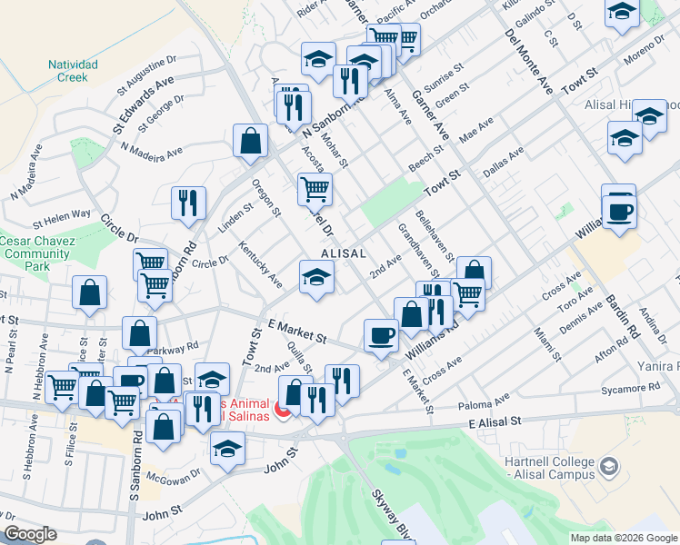 map of restaurants, bars, coffee shops, grocery stores, and more near 276 Towt Street in Salinas