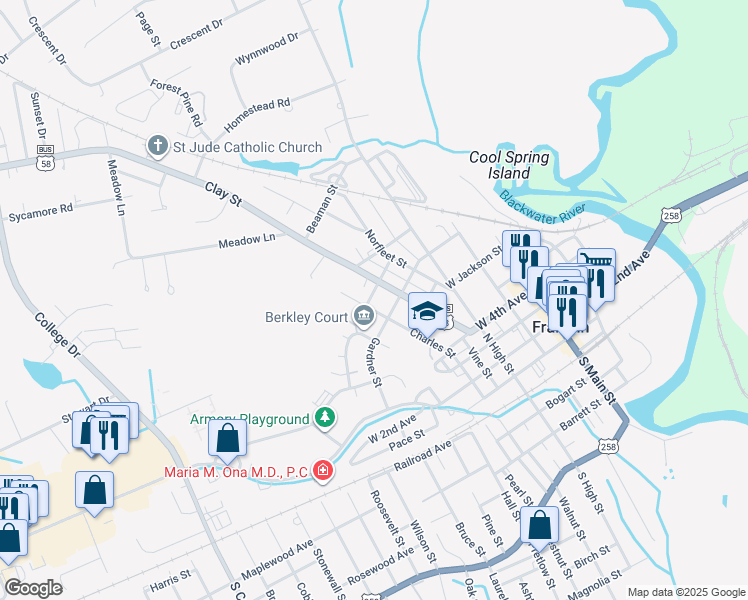 map of restaurants, bars, coffee shops, grocery stores, and more near 507 Ryland Street in Franklin
