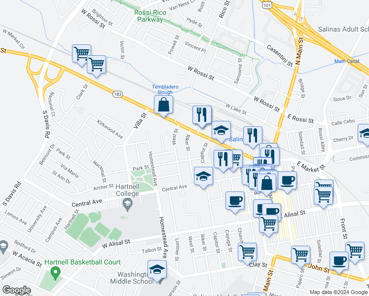 map of restaurants, bars, coffee shops, grocery stores, and more near 220 Park Street in Salinas