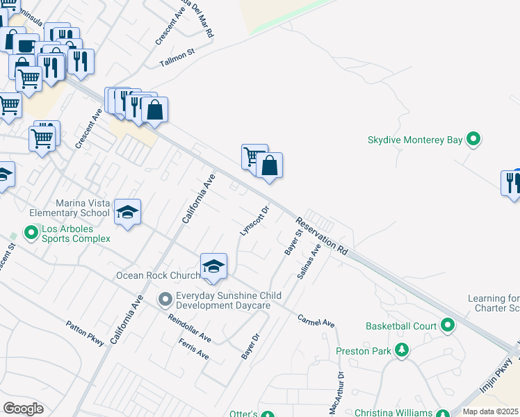 map of restaurants, bars, coffee shops, grocery stores, and more near 459 Edna Court in Marina