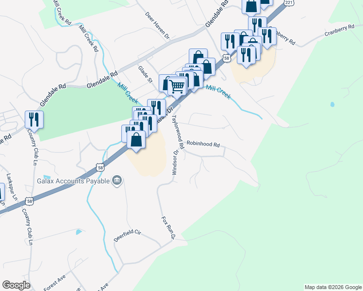 map of restaurants, bars, coffee shops, grocery stores, and more near 220 Taylorwood Road in Galax