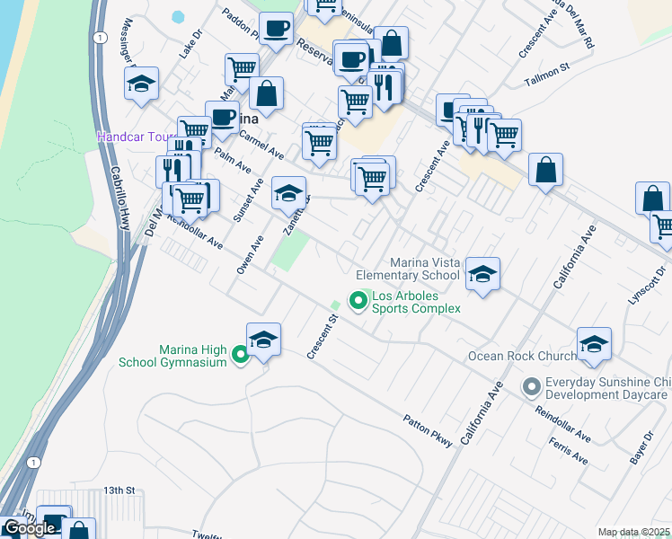 map of restaurants, bars, coffee shops, grocery stores, and more near 294 Hillcrest Avenue in Marina