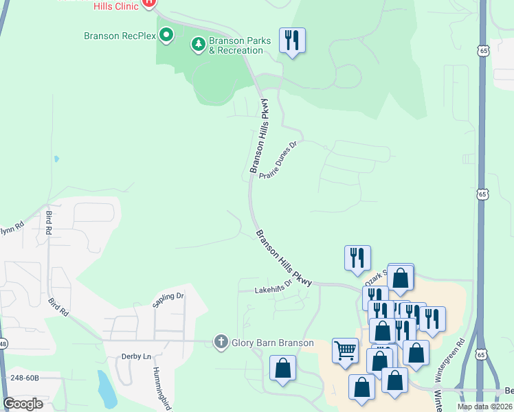 map of restaurants, bars, coffee shops, grocery stores, and more near 1232 Branson Hills Parkway in Branson