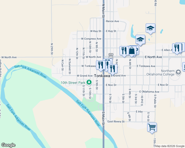 map of restaurants, bars, coffee shops, grocery stores, and more near 201 West Grand Avenue in Tonkawa