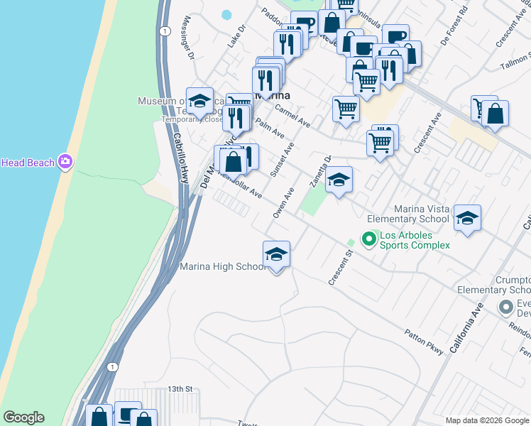 map of restaurants, bars, coffee shops, grocery stores, and more near 3008 Seeno Circle in Marina