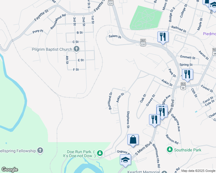 map of restaurants, bars, coffee shops, grocery stores, and more near 1100 Burchland Drive in Martinsville
