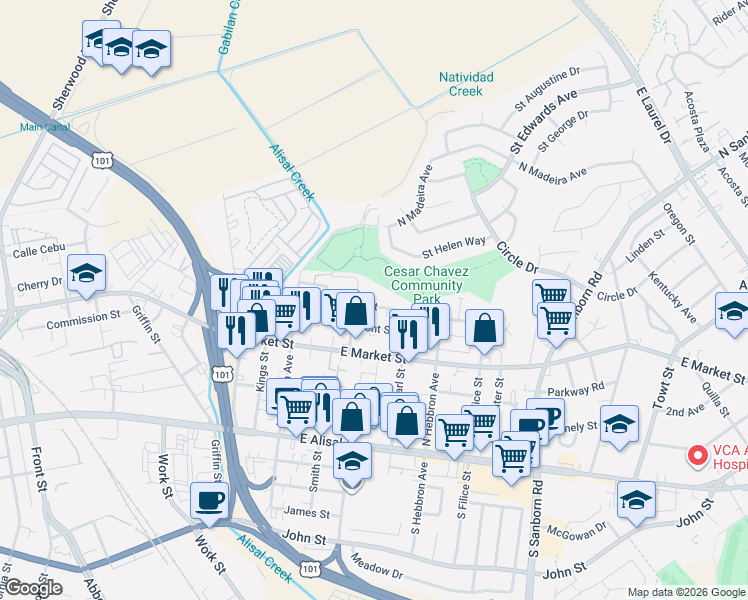map of restaurants, bars, coffee shops, grocery stores, and more near 615 Terrace Street in Salinas