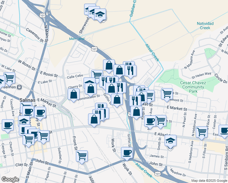 map of restaurants, bars, coffee shops, grocery stores, and more near 365 East Market Street in Salinas