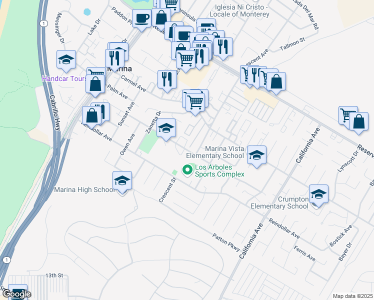 map of restaurants, bars, coffee shops, grocery stores, and more near 294 Hillcrest Avenue in Marina