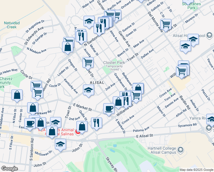map of restaurants, bars, coffee shops, grocery stores, and more near 1217 Fairhaven Street in Salinas