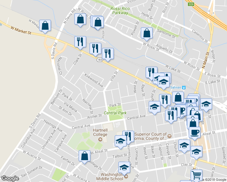 map of restaurants, bars, coffee shops, grocery stores, and more near 29 Buena Vista Street in Salinas