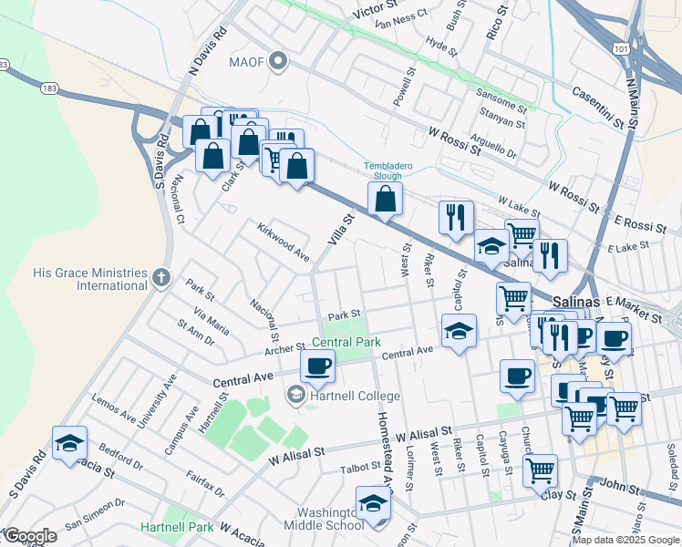 map of restaurants, bars, coffee shops, grocery stores, and more near 29 Buena Vista Street in Salinas