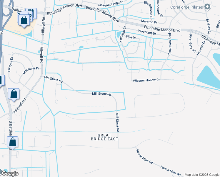 map of restaurants, bars, coffee shops, grocery stores, and more near 348 Mill Stone Road in Chesapeake