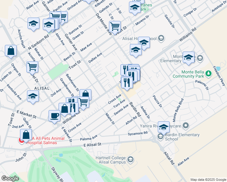 map of restaurants, bars, coffee shops, grocery stores, and more near 515 Williams Road in Salinas