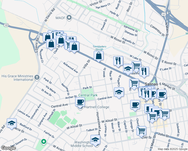 map of restaurants, bars, coffee shops, grocery stores, and more near 8 Anne Street in Salinas