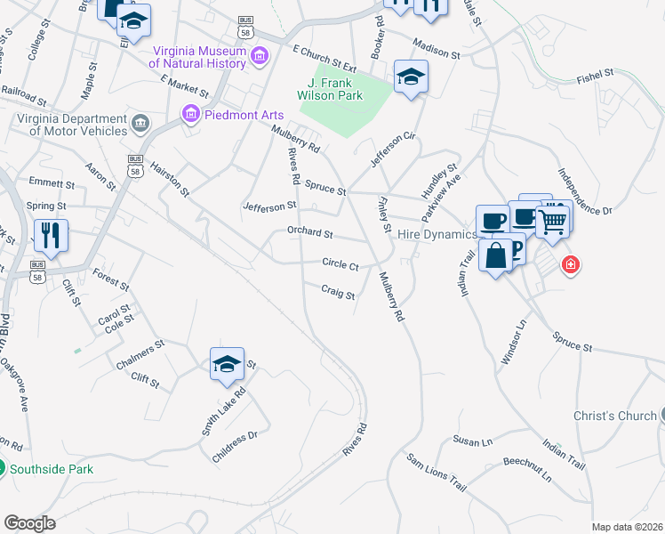 map of restaurants, bars, coffee shops, grocery stores, and more near 712 Circle Court in Martinsville