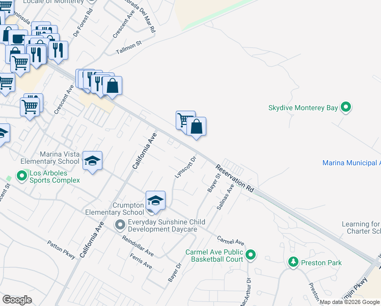 map of restaurants, bars, coffee shops, grocery stores, and more near in Marina