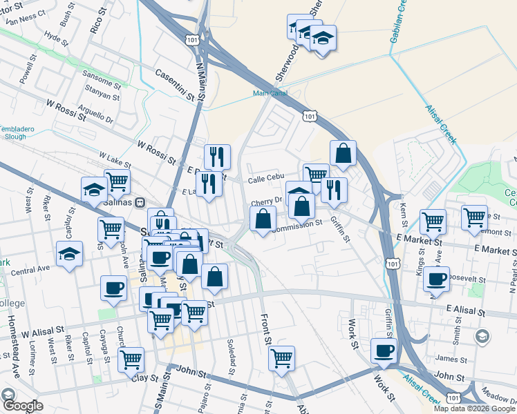 map of restaurants, bars, coffee shops, grocery stores, and more near 234 Cherry Drive in Salinas