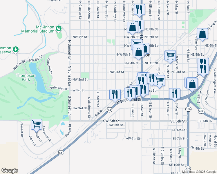 map of restaurants, bars, coffee shops, grocery stores, and more near 124 North James Street in Guymon