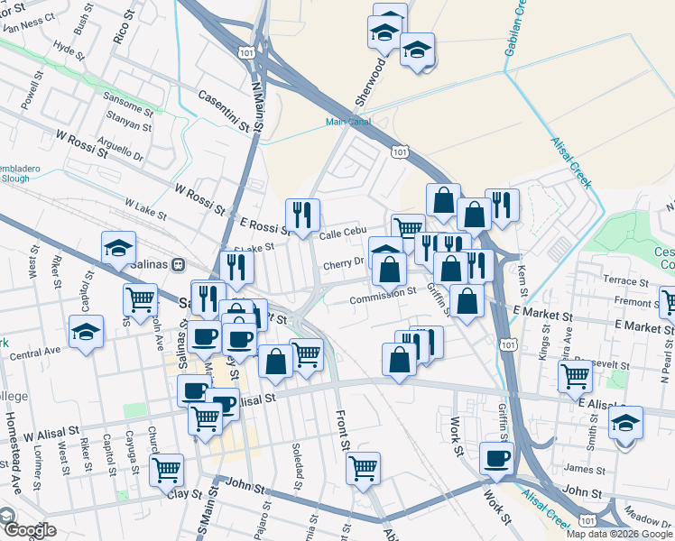map of restaurants, bars, coffee shops, grocery stores, and more near 255 Cherry Drive in Salinas