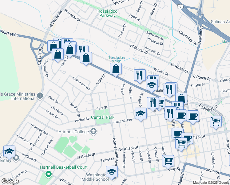 map of restaurants, bars, coffee shops, grocery stores, and more near 8 Anne Street in Salinas