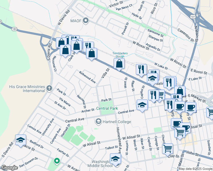 map of restaurants, bars, coffee shops, grocery stores, and more near 422 Wilson Street in Salinas