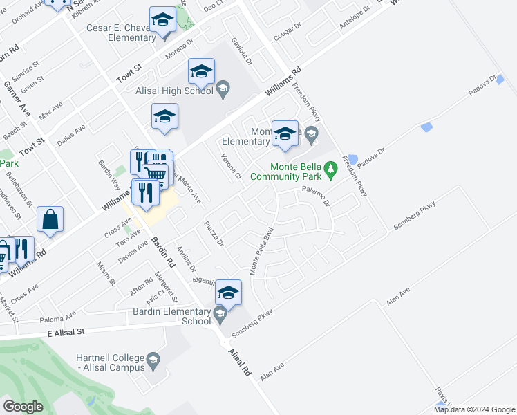 map of restaurants, bars, coffee shops, grocery stores, and more near in Salinas