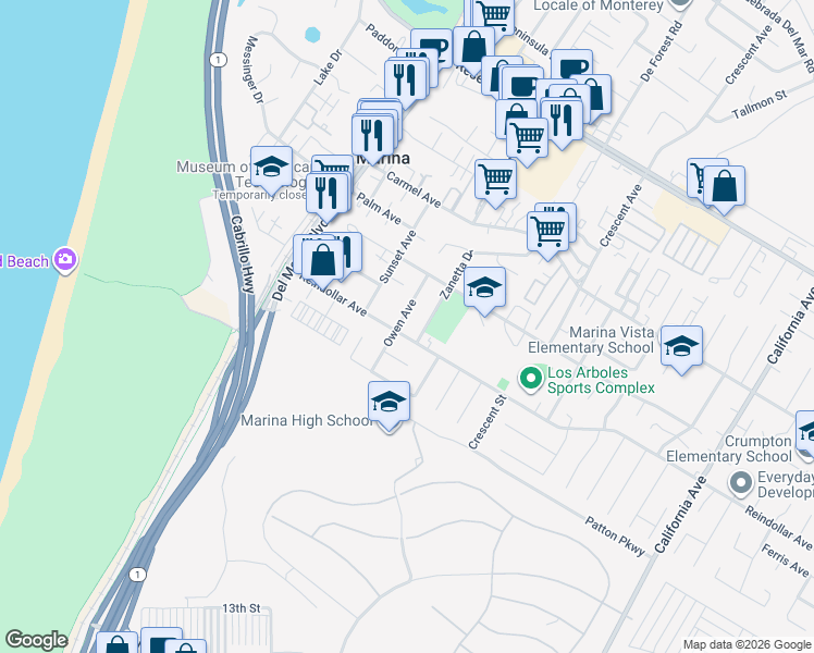 map of restaurants, bars, coffee shops, grocery stores, and more near 3038 Owen Avenue in Marina