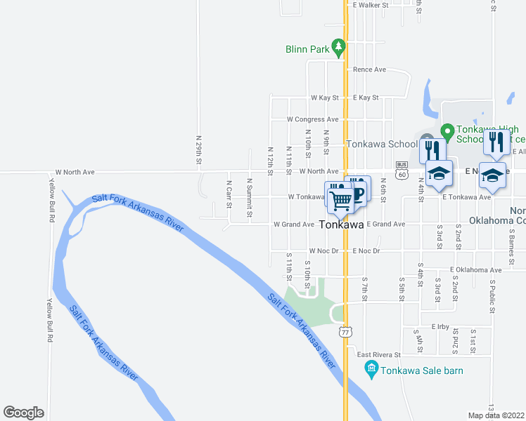 map of restaurants, bars, coffee shops, grocery stores, and more near 114 North Summit Street in Tonkawa
