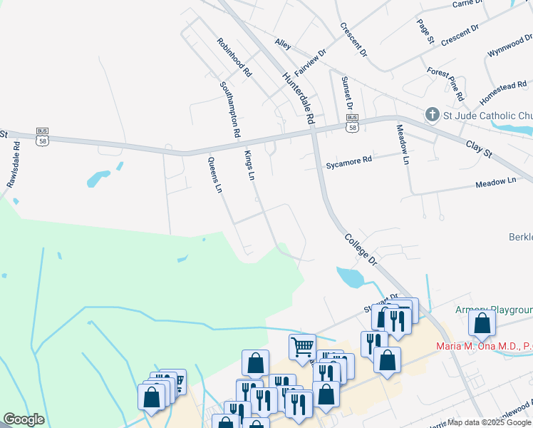 map of restaurants, bars, coffee shops, grocery stores, and more near 225 Kings Lane in Franklin
