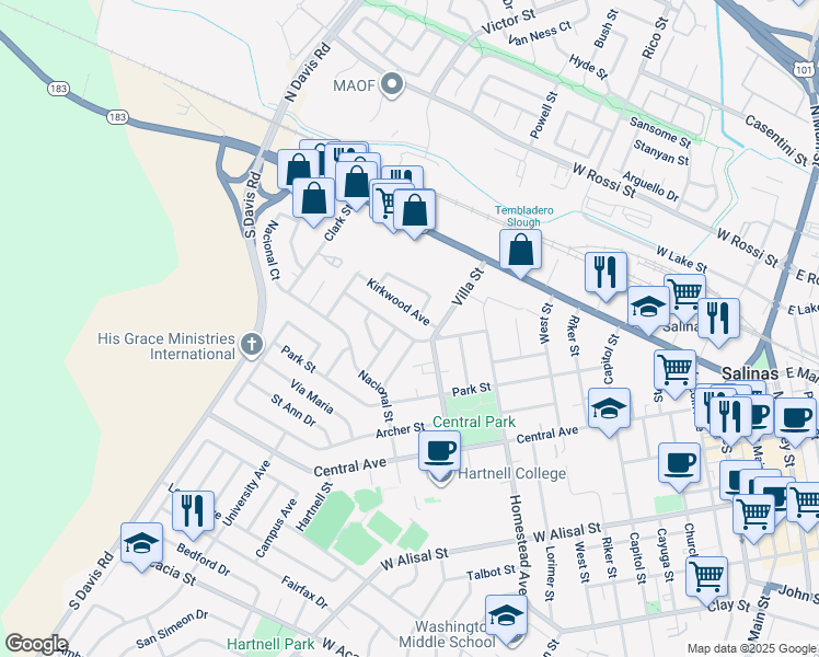 map of restaurants, bars, coffee shops, grocery stores, and more near 606 Wilson Street in Salinas