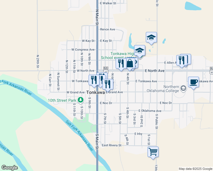 map of restaurants, bars, coffee shops, grocery stores, and more near 112 North 7th Street in Tonkawa
