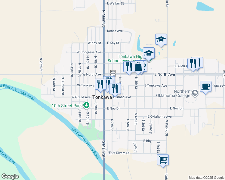 map of restaurants, bars, coffee shops, grocery stores, and more near 112 North 7th Street in Tonkawa