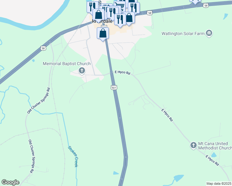 map of restaurants, bars, coffee shops, grocery stores, and more near East Highway 501 in South Boston