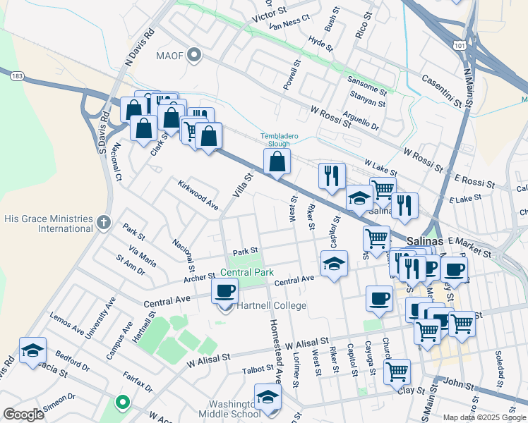 map of restaurants, bars, coffee shops, grocery stores, and more near 8 Anne Street in Salinas