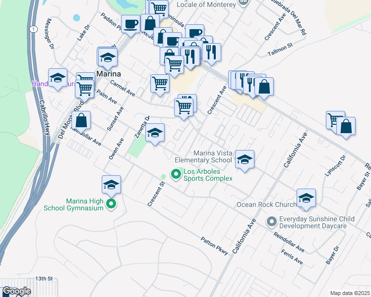 map of restaurants, bars, coffee shops, grocery stores, and more near 3083 Crescent Avenue in Marina