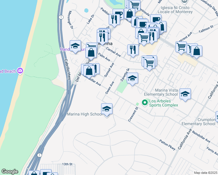 map of restaurants, bars, coffee shops, grocery stores, and more near 3039 Owen Avenue in Marina