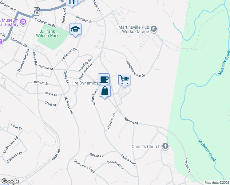 map of restaurants, bars, coffee shops, grocery stores, and more near 1099 Brookdale Street in Martinsville