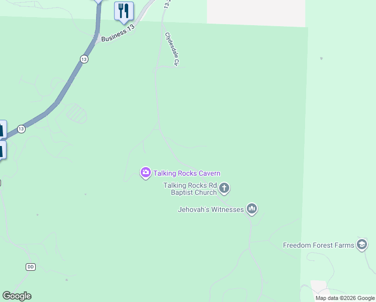 map of restaurants, bars, coffee shops, grocery stores, and more near 197 Seldom Seen Lane in Branson West