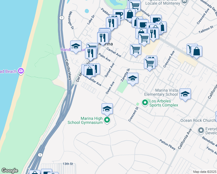 map of restaurants, bars, coffee shops, grocery stores, and more near 3037 Owen Avenue in Marina