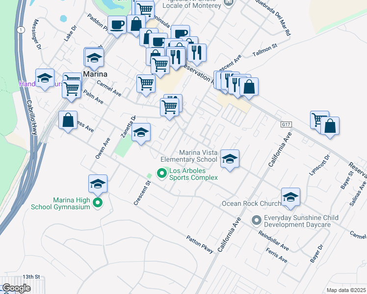 map of restaurants, bars, coffee shops, grocery stores, and more near 336 Morse Court in Marina