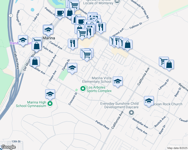 map of restaurants, bars, coffee shops, grocery stores, and more near 336 Morse Court in Marina