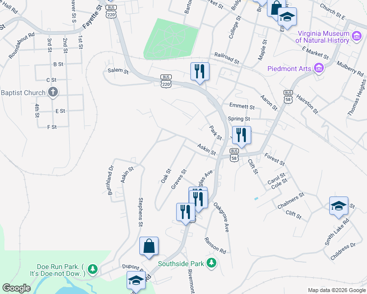map of restaurants, bars, coffee shops, grocery stores, and more near 1001 Oak Street in Martinsville