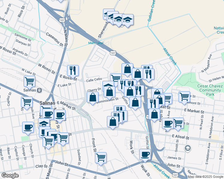 map of restaurants, bars, coffee shops, grocery stores, and more near 301 East Market Street in Salinas