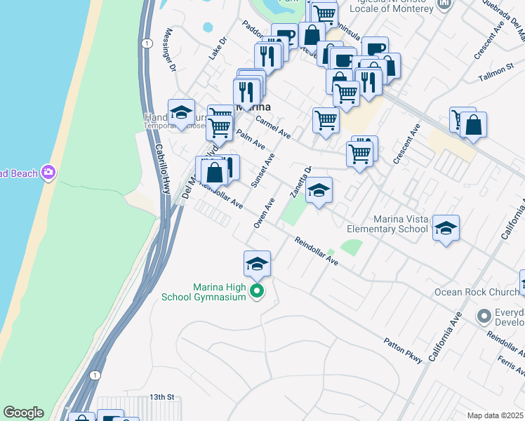 map of restaurants, bars, coffee shops, grocery stores, and more near 3039 Owen Avenue in Marina