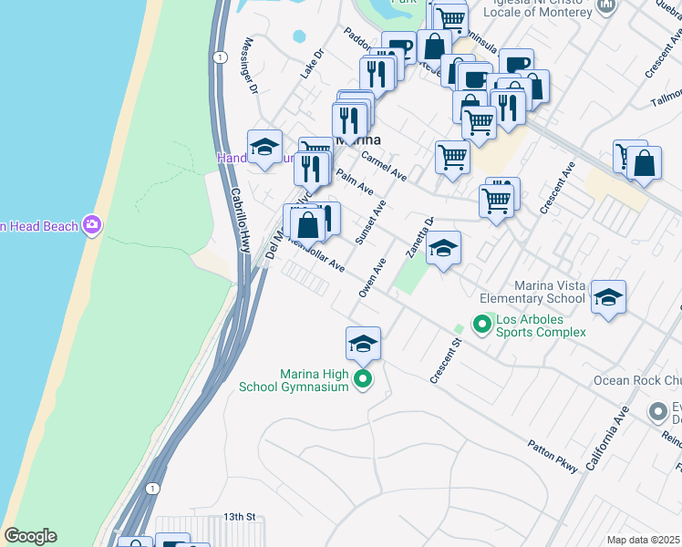 map of restaurants, bars, coffee shops, grocery stores, and more near 238 Reindollar Avenue in Marina